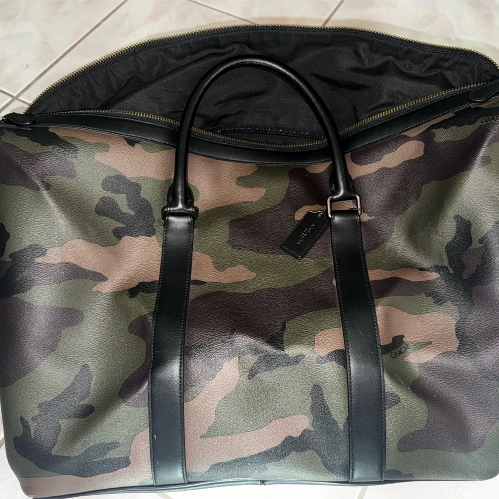 Coach Camouflage Leather-Trim Duffel in Green and Brown